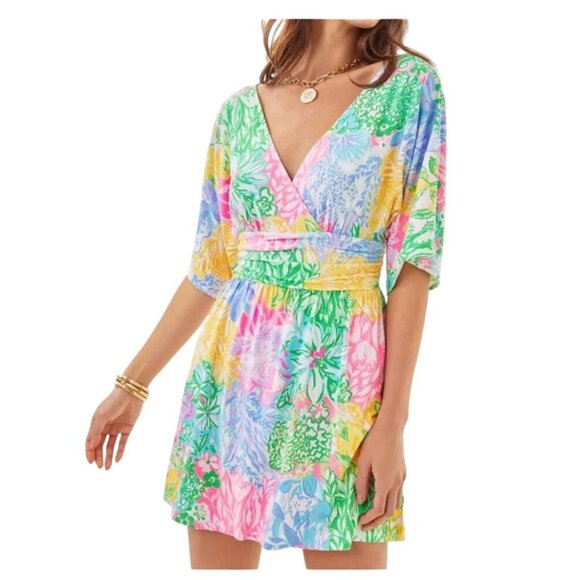 Lilly Pulitzer NWT Parigi Knit Green Yellow Pink Floral Romper Dress - Picture 1 of 9